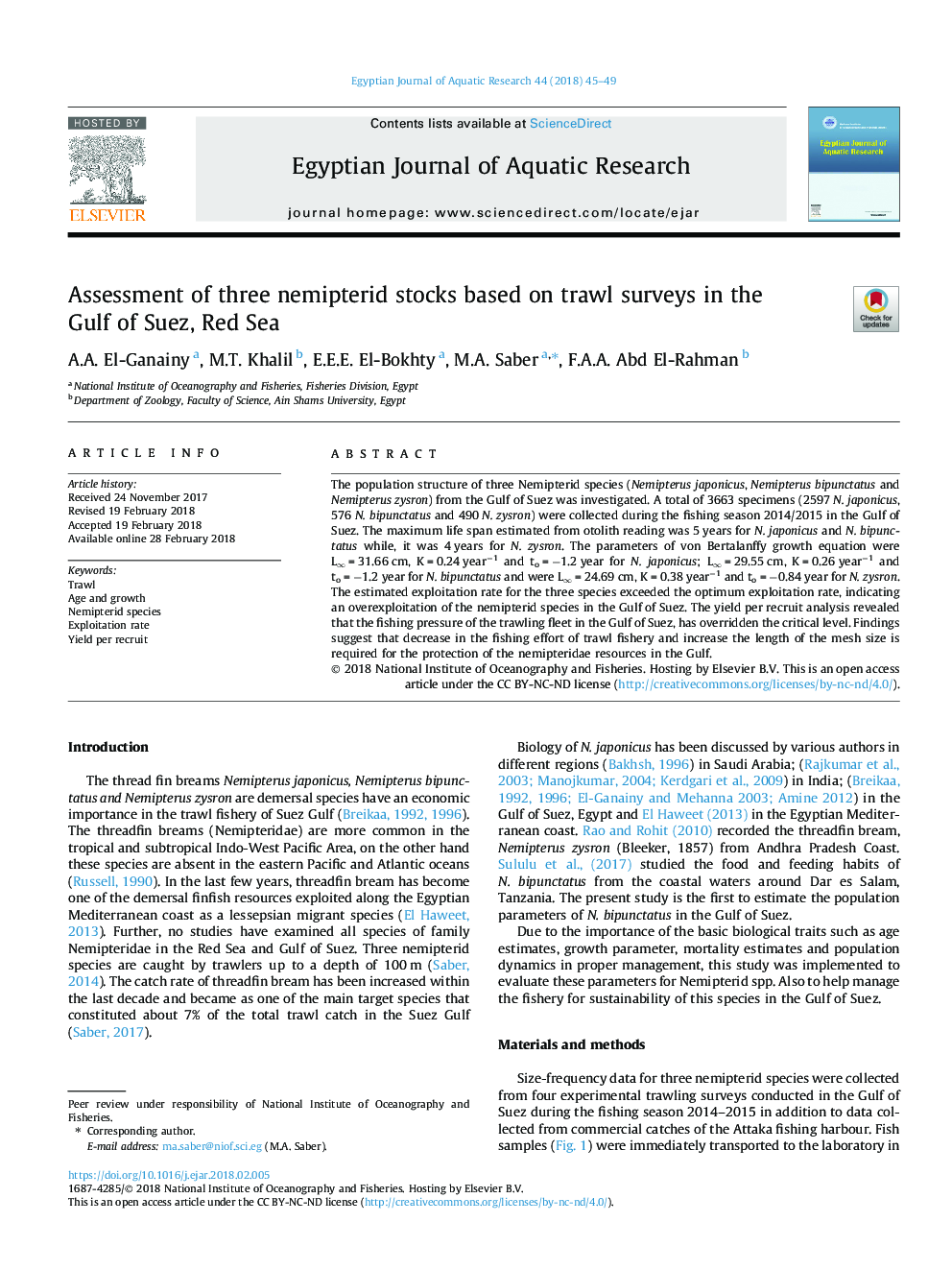 Assessment of three nemipterid stocks based on trawl surveys in the Gulf of Suez, Red Sea