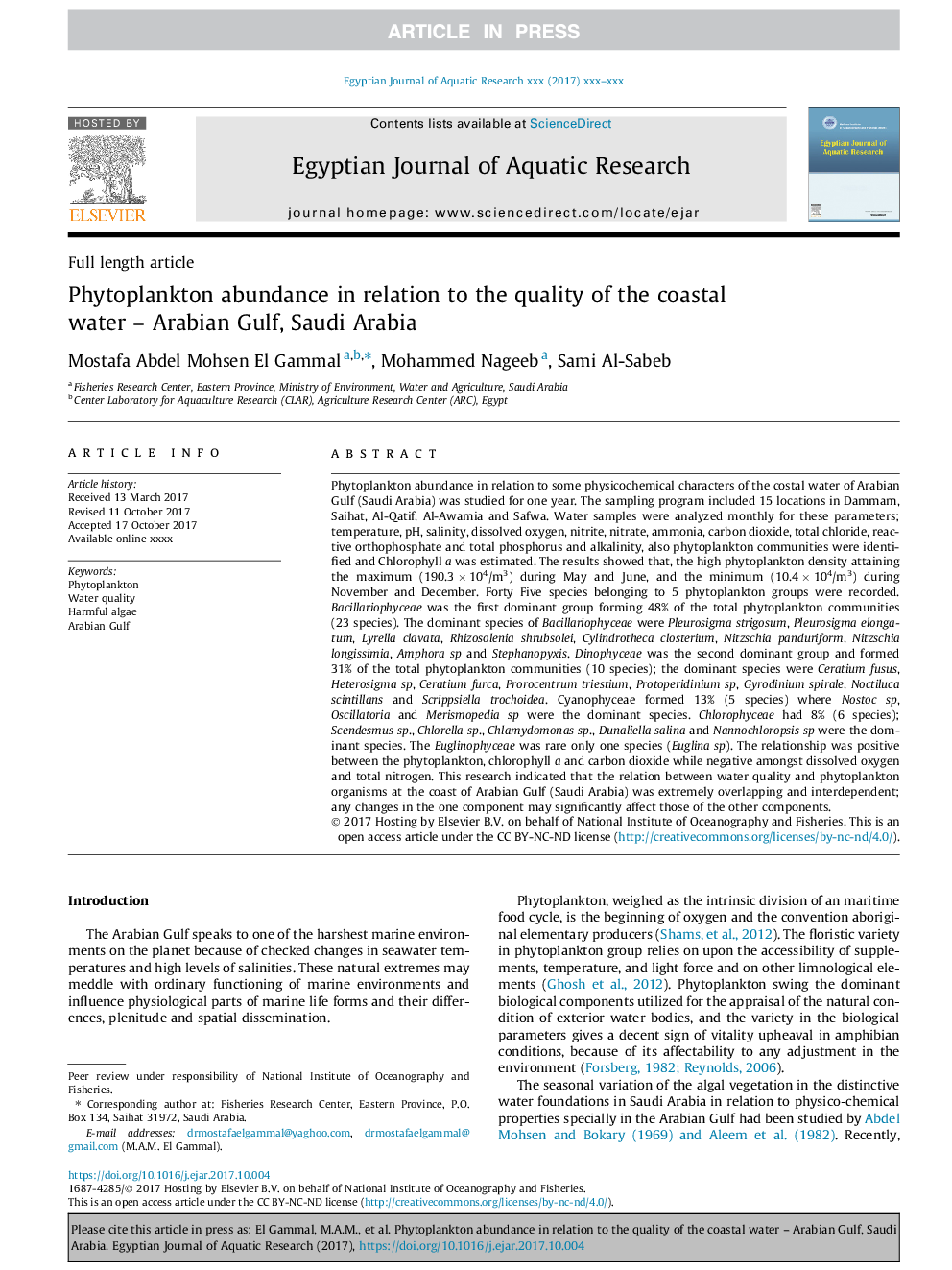 Phytoplankton abundance in relation to the quality of the coastal water - Arabian Gulf, Saudi Arabia