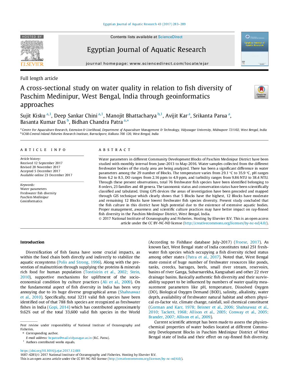 A cross-sectional study on water quality in relation to fish diversity of Paschim Medinipur, West Bengal, India through geoinformatics approaches