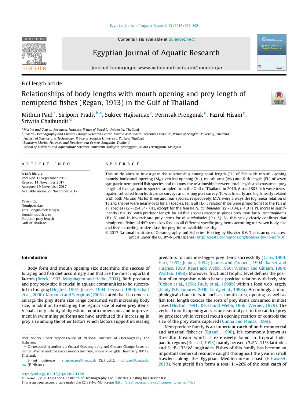 Relationships of body lengths with mouth opening and prey length of nemipterid fishes (Regan, 1913) in the Gulf of Thailand