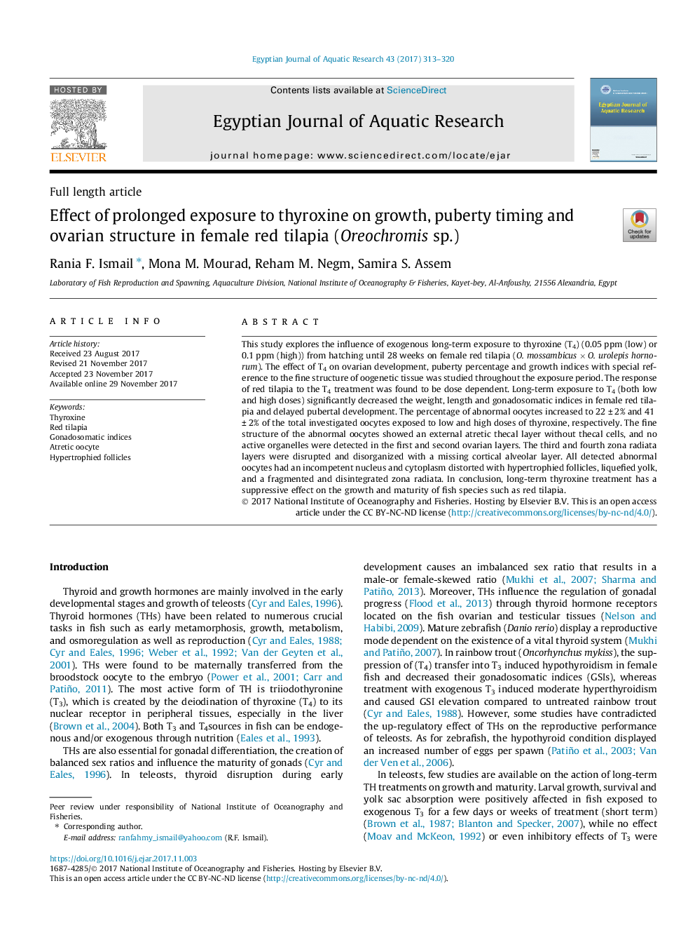 Effect of prolonged exposure to thyroxine on growth, puberty timing and ovarian structure in female red tilapia (Oreochromis sp.)