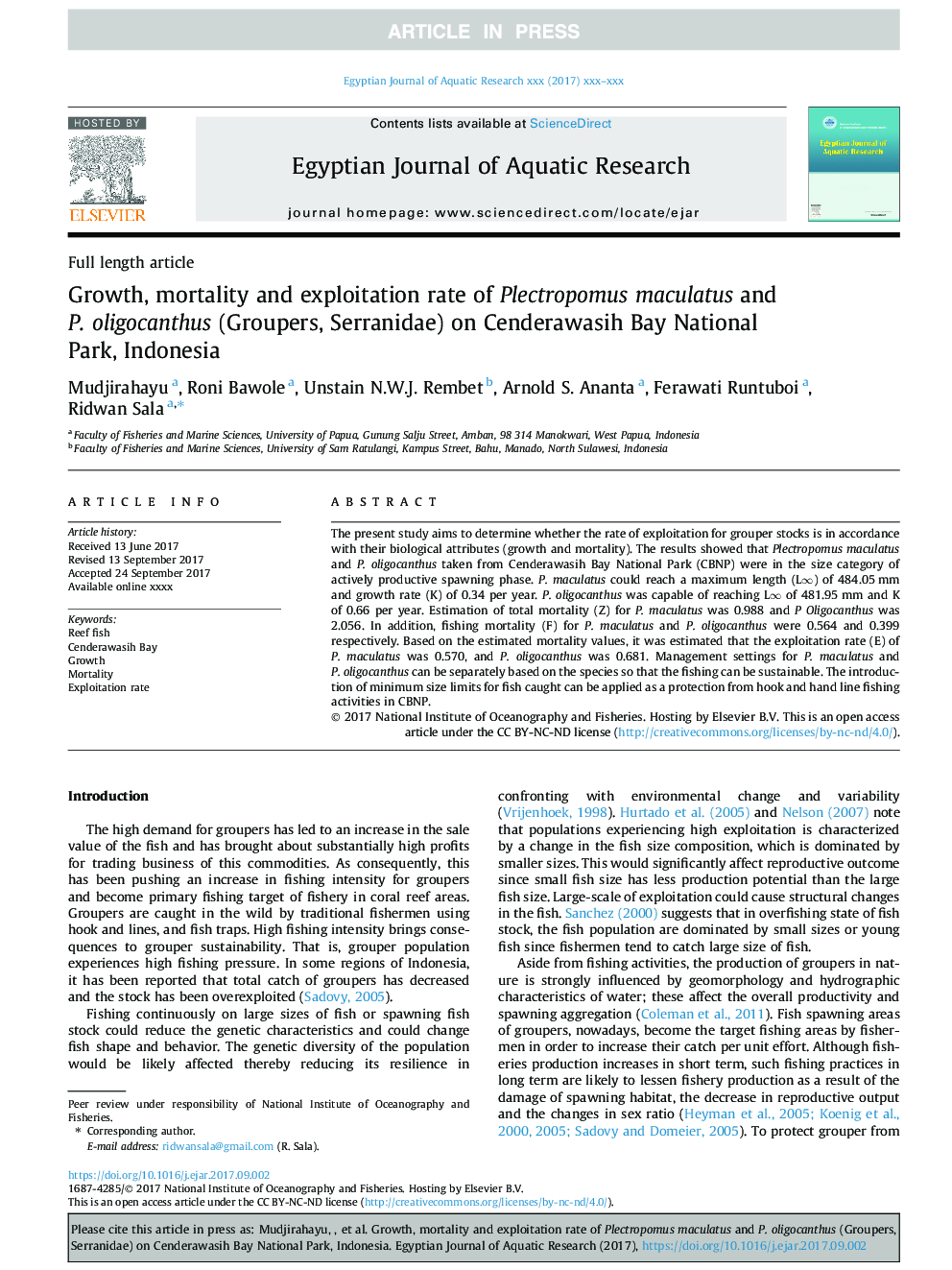 Growth, mortality and exploitation rate of Plectropomus maculatus and P. oligocanthus (Groupers, Serranidae) on Cenderawasih Bay National Park, Indonesia