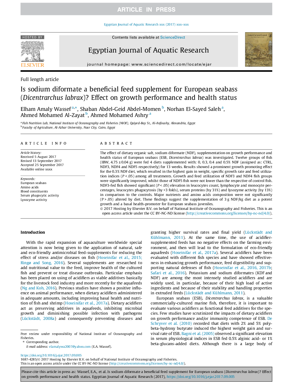 Is sodium diformate a beneficial feed supplement for European seabass (Dicentrarchus labrax)? Effect on growth performance and health status