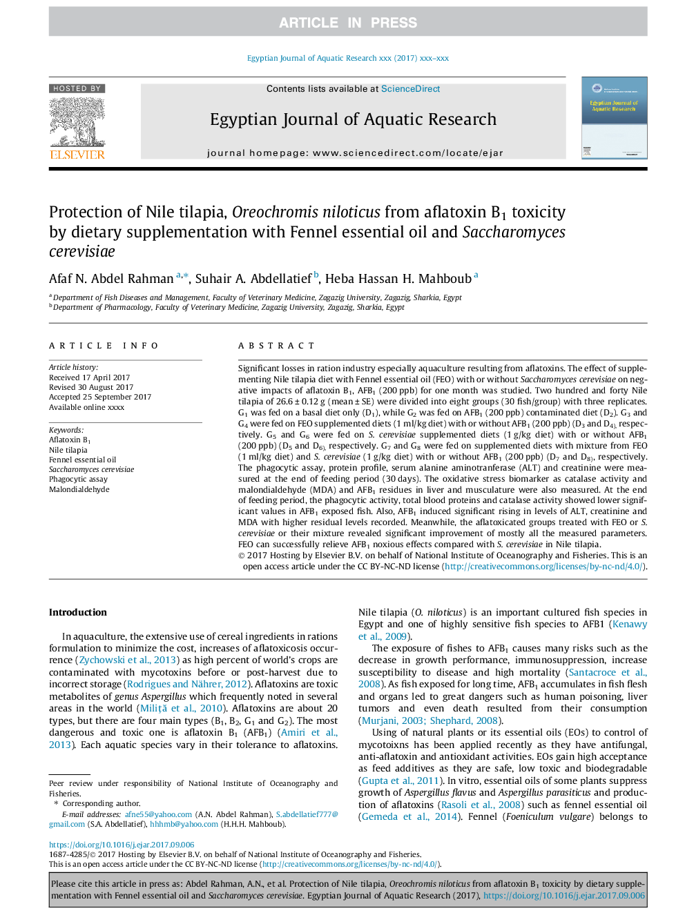 Protection of Nile tilapia, Oreochromis niloticus from aflatoxin B1 toxicity by dietary supplementation with Fennel essential oil and Saccharomyces cerevisiae