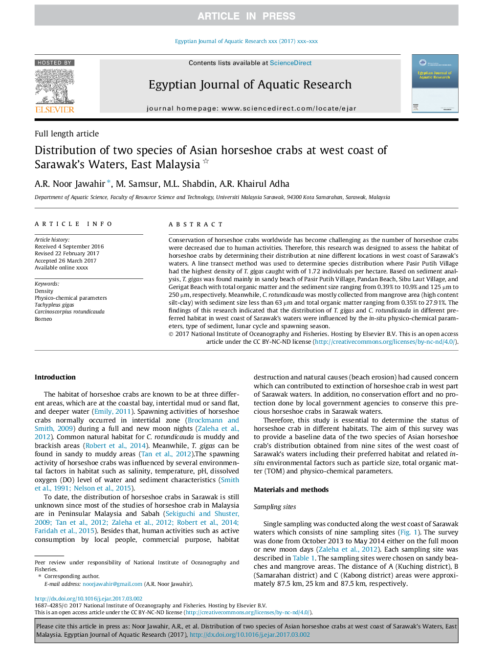 Distribution of two species of Asian horseshoe crabs at west coast of Sarawak's Waters, East Malaysia