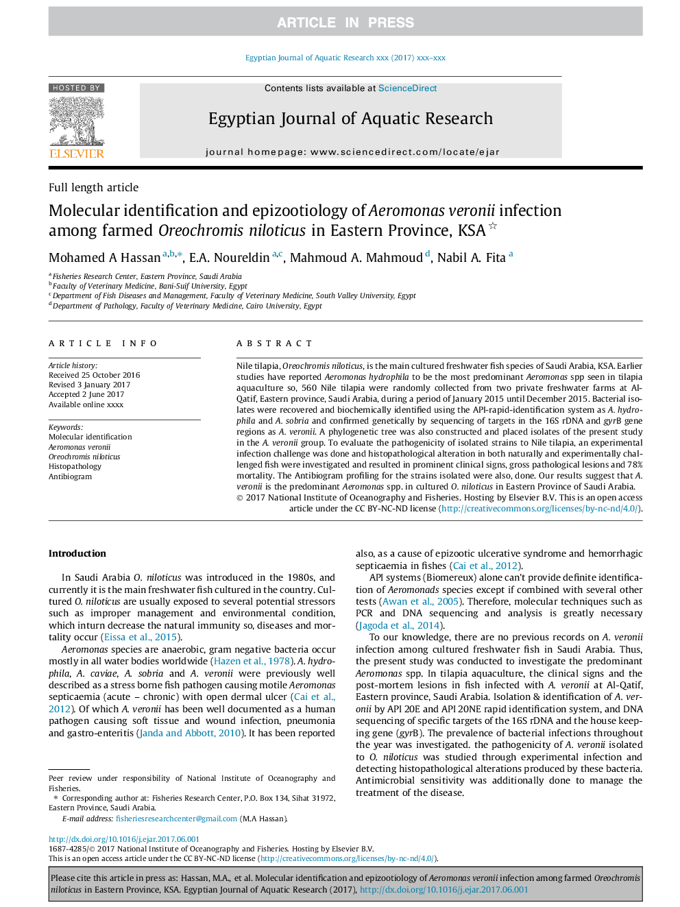 Molecular identification and epizootiology of Aeromonas veronii infection among farmed Oreochromis niloticus in Eastern Province, KSA