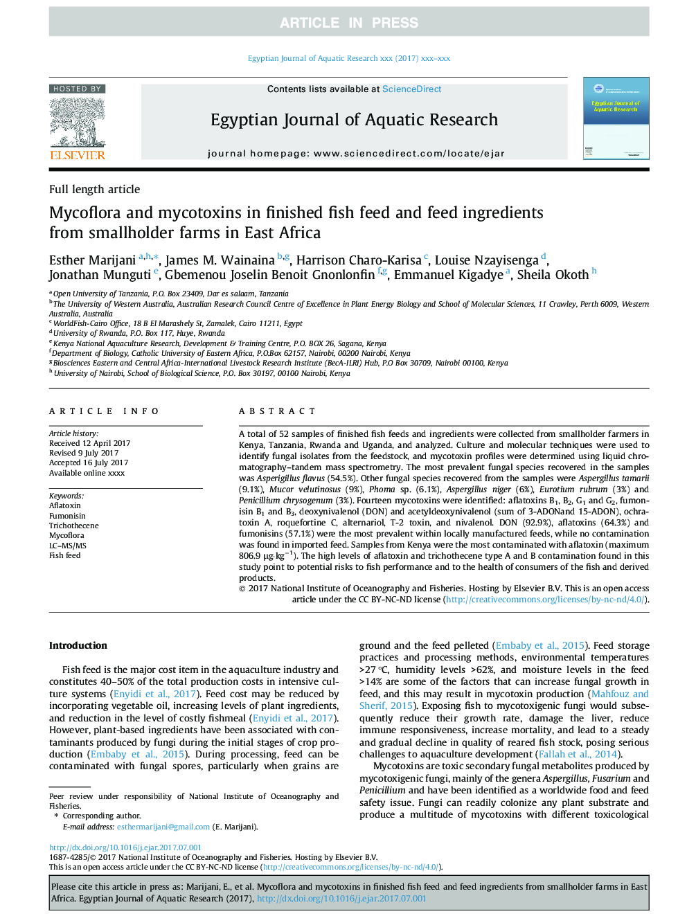 Mycoflora and mycotoxins in finished fish feed and feed ingredients from smallholder farms in East Africa