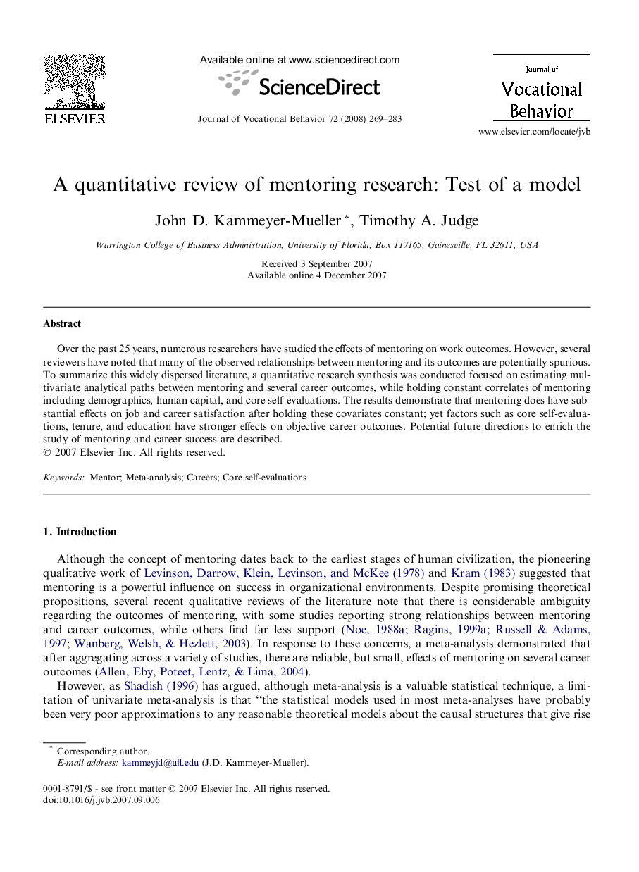 A quantitative review of mentoring research: Test of a model