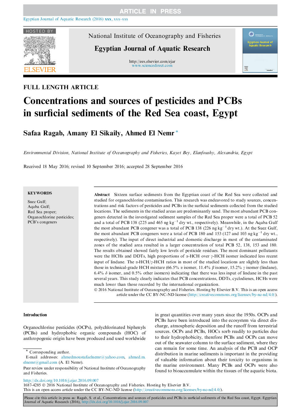 Concentrations and sources of pesticides and PCBs in surficial sediments of the Red Sea coast, Egypt