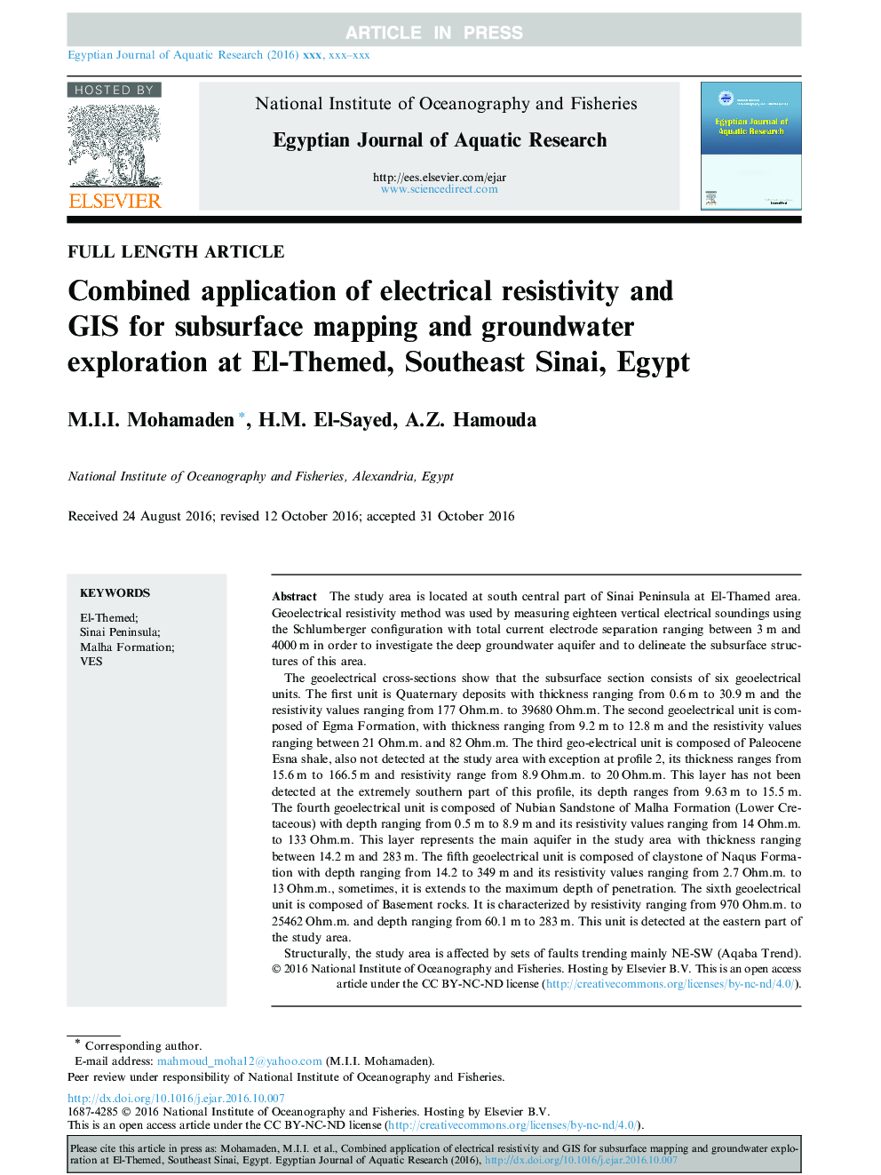 Combined application of electrical resistivity and GIS for subsurface mapping and groundwater exploration at El-Themed, Southeast Sinai, Egypt