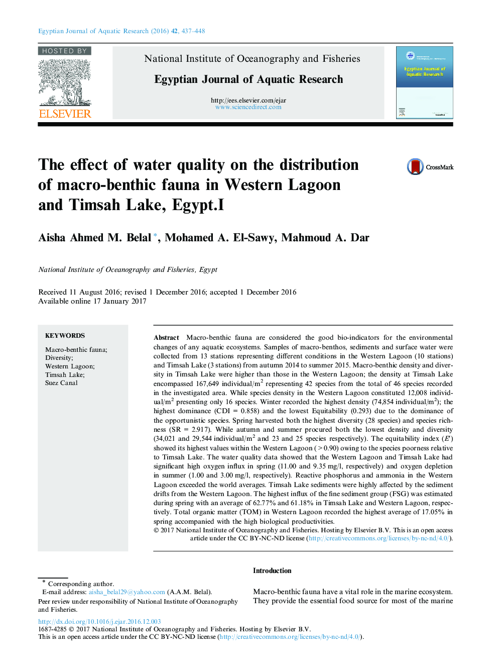 The effect of water quality on the distribution of macro-benthic fauna in Western Lagoon and Timsah Lake, Egypt.I