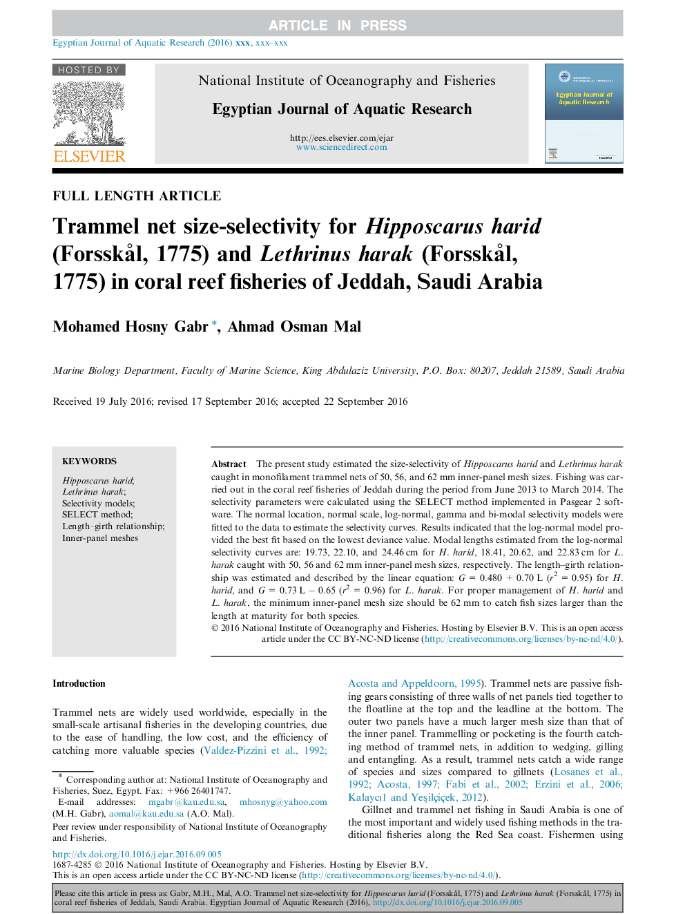 Trammel net size-selectivity for Hipposcarus harid (ForsskÃ¥l, 1775) and Lethrinus harak (ForsskÃ¥l, 1775) in coral reef fisheries of Jeddah, Saudi Arabia