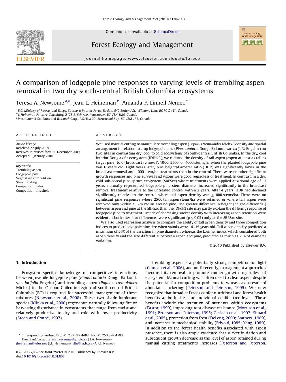 A comparison of lodgepole pine responses to varying levels of trembling aspen removal in two dry south-central British Columbia ecosystems