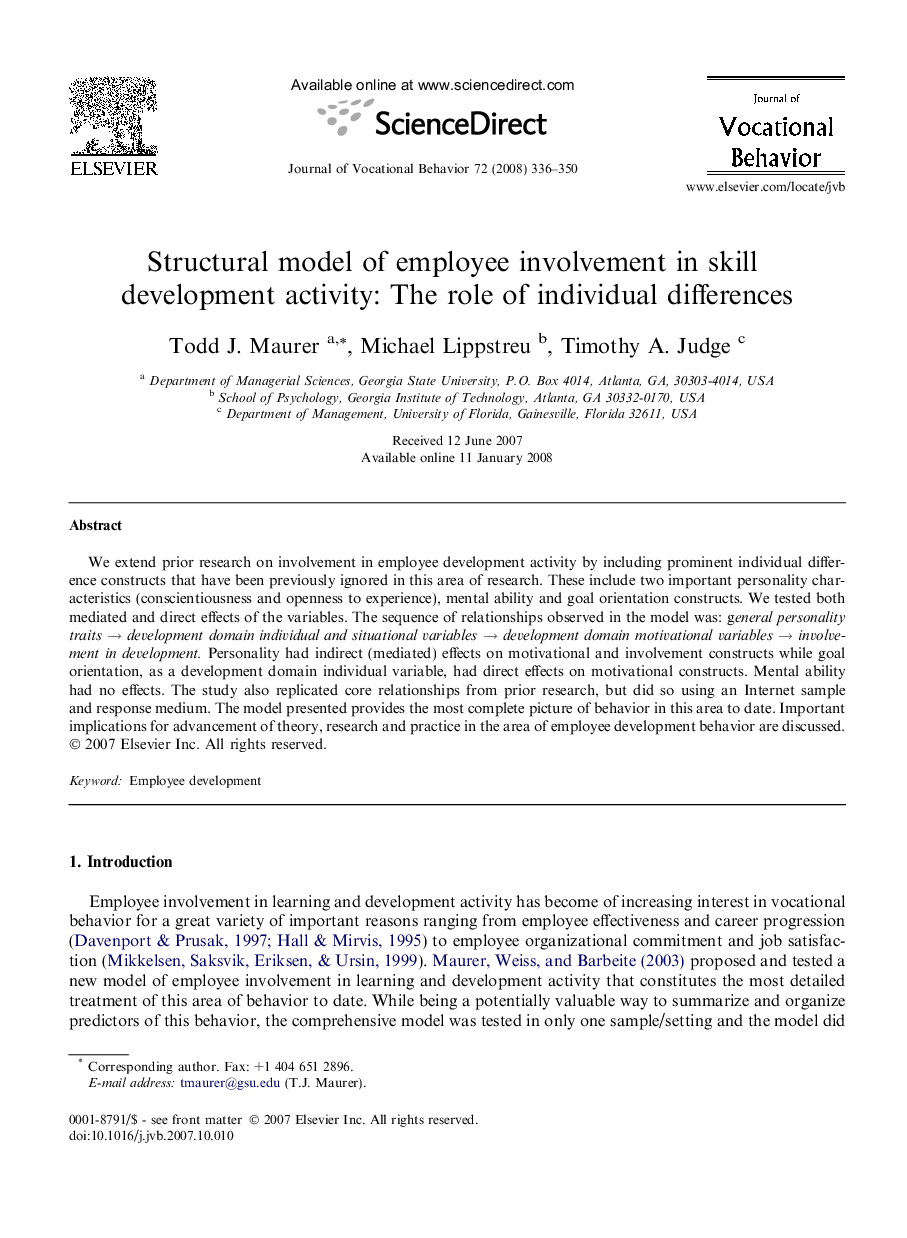 Structural model of employee involvement in skill development activity: The role of individual differences