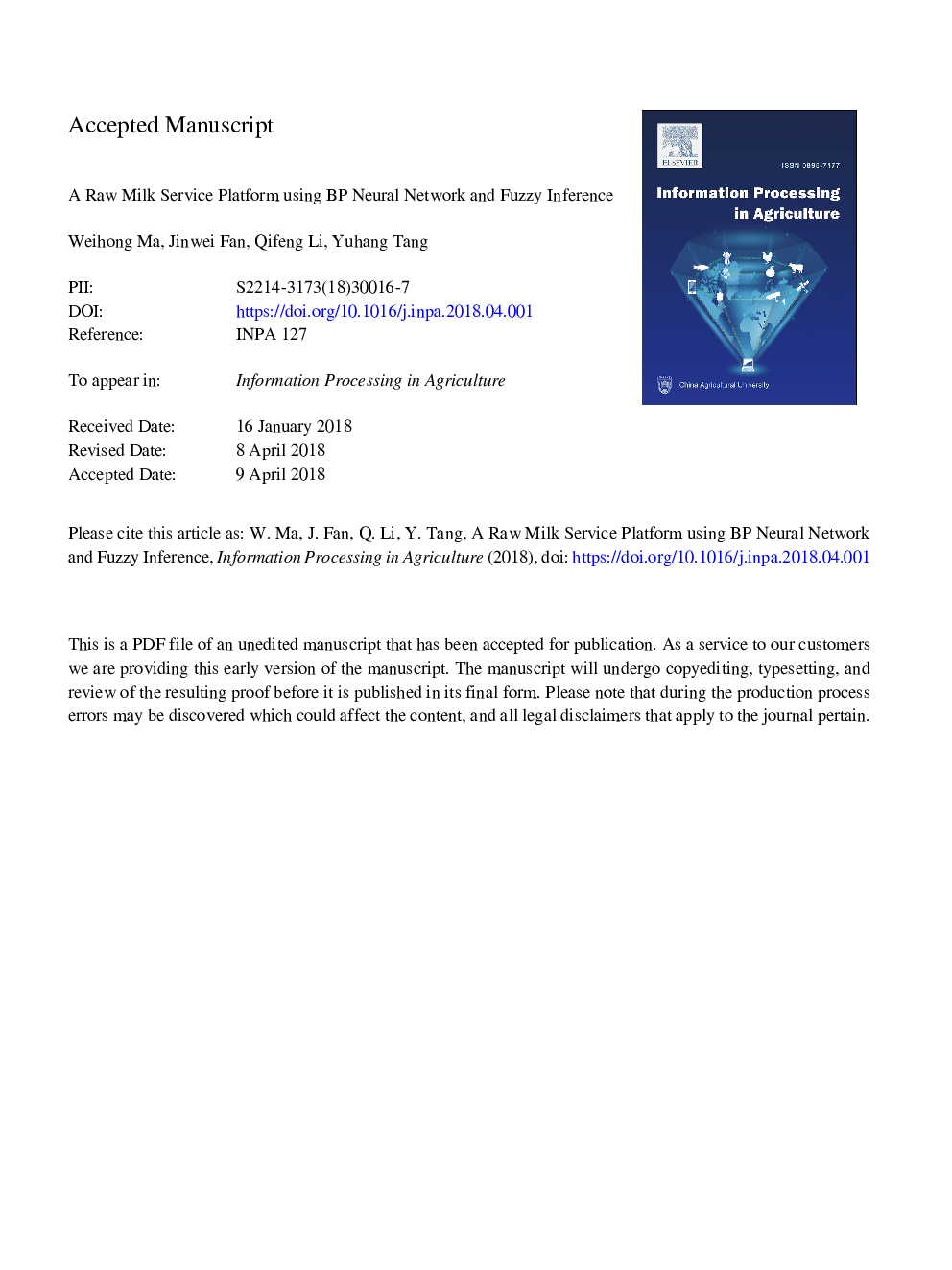 A raw milk service platform using BP Neural Network and Fuzzy Inference