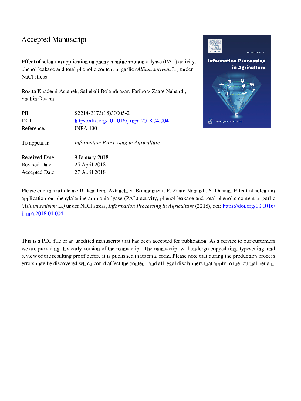 Effect of selenium application on phenylalanine ammonia-lyase (PAL) activity, phenol leakage and total phenolic content in garlic (Allium sativum L.) under NaCl stress