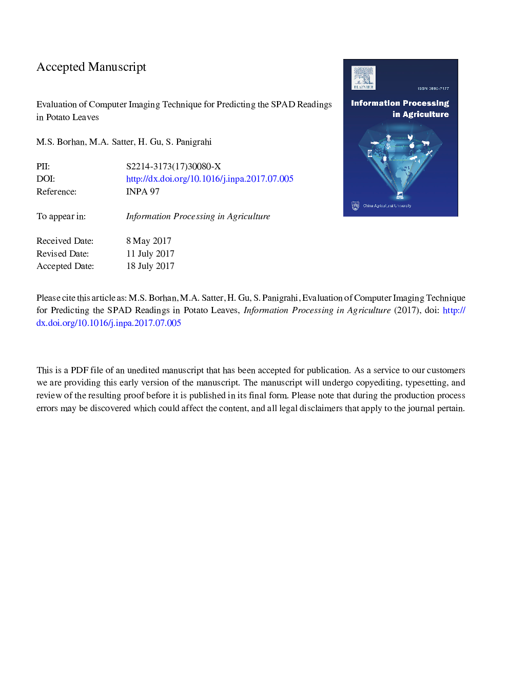 Evaluation of computer imaging technique for predicting the SPAD readings in potato leaves