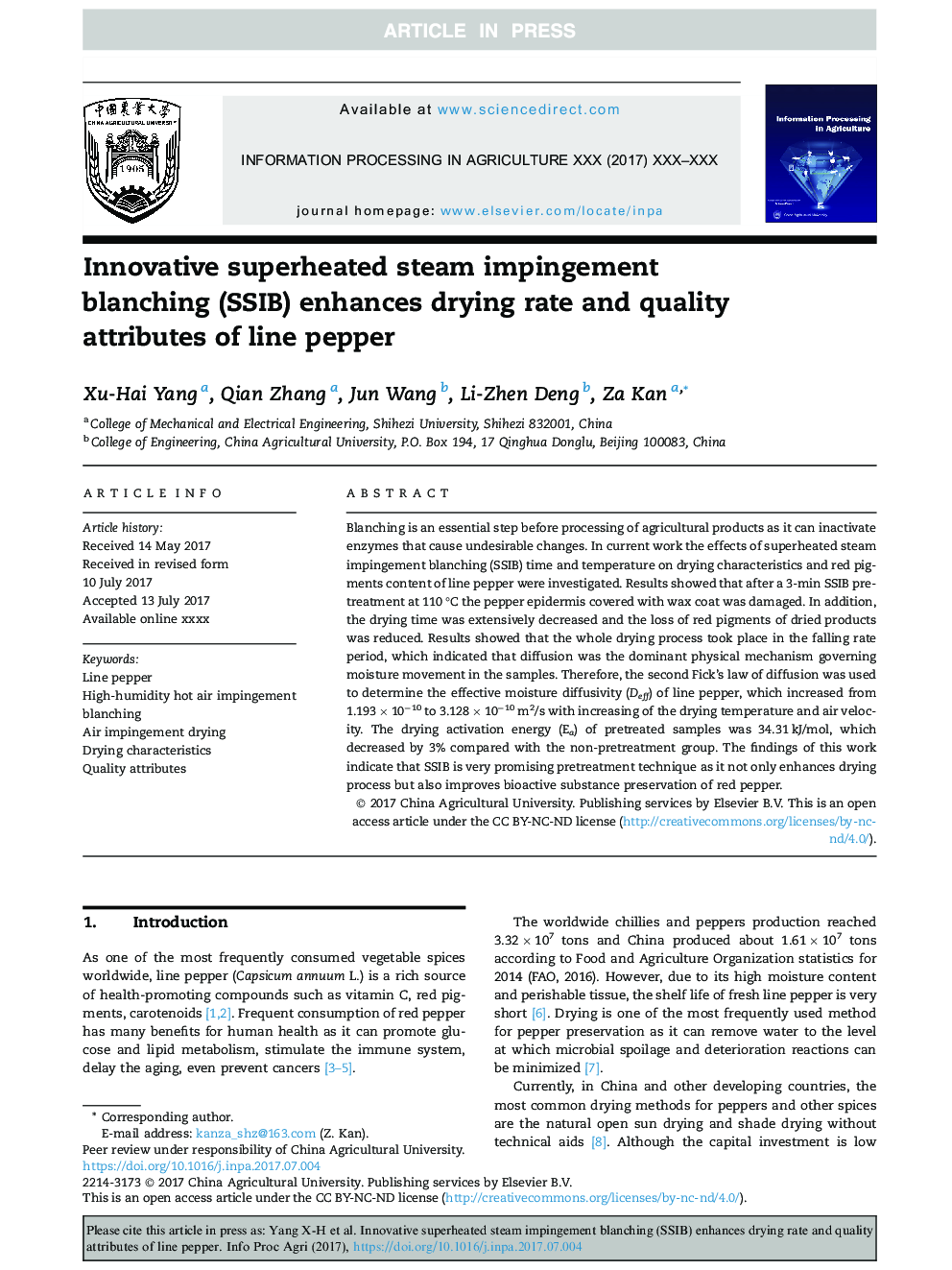 Innovative superheated steam impingement blanching (SSIB) enhances drying rate and quality attributes of line pepper