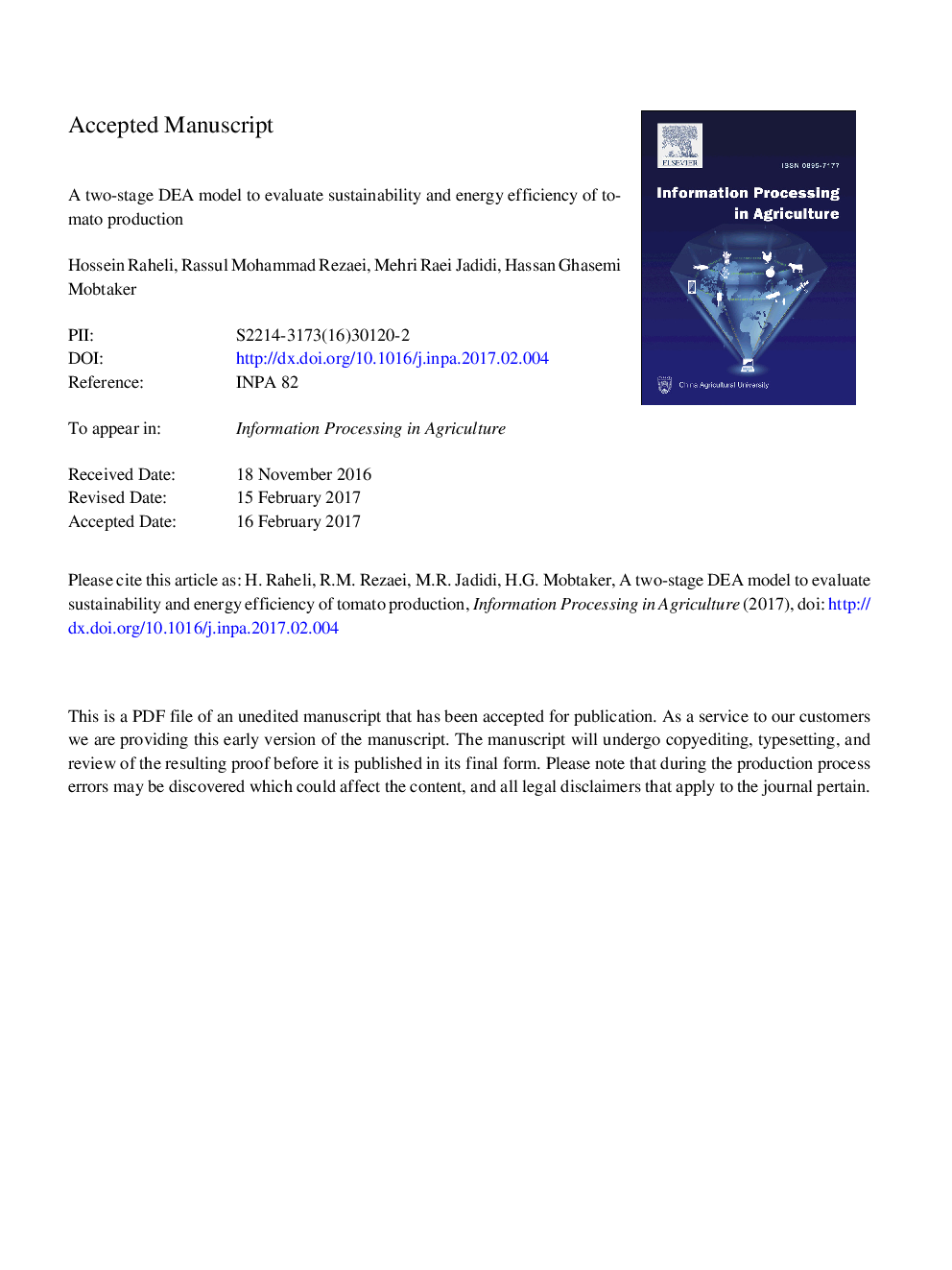 A two-stage DEA model to evaluate sustainability and energy efficiency of tomato production