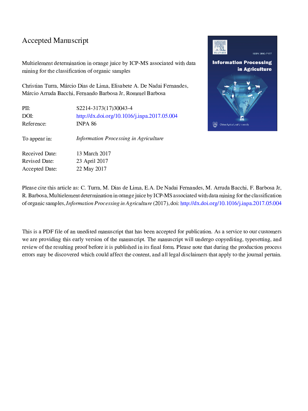 Multielement determination in orange juice by ICP-MS associated with data mining for the classification of organic samples