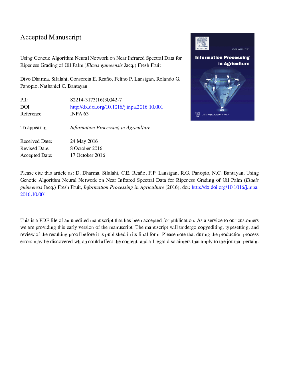 Using Genetic Algorithm Neural Network on Near Infrared Spectral Data for Ripeness Grading of Oil Palm (Elaeis guineensis Jacq.) Fresh Fruit