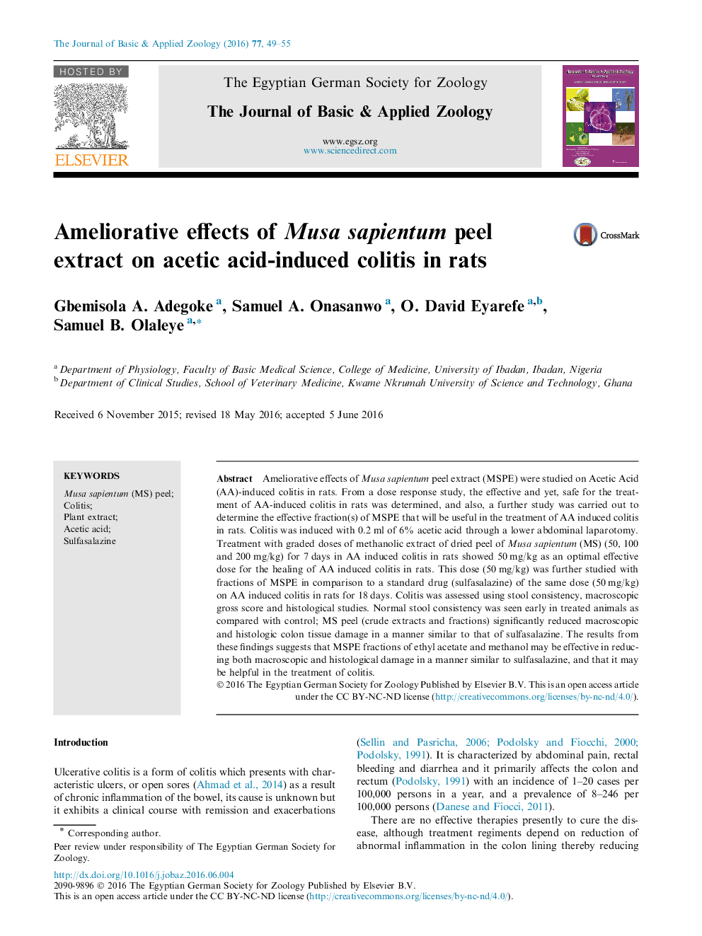 Ameliorative effects of Musa sapientum peel extract on acetic acid-induced colitis in rats