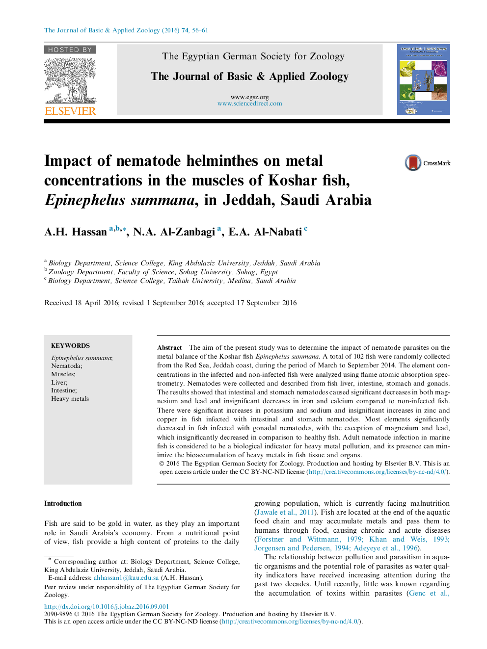 Impact of nematode helminthes on metal concentrations in the muscles of Koshar fish, Epinephelus summana, in Jeddah, Saudi Arabia