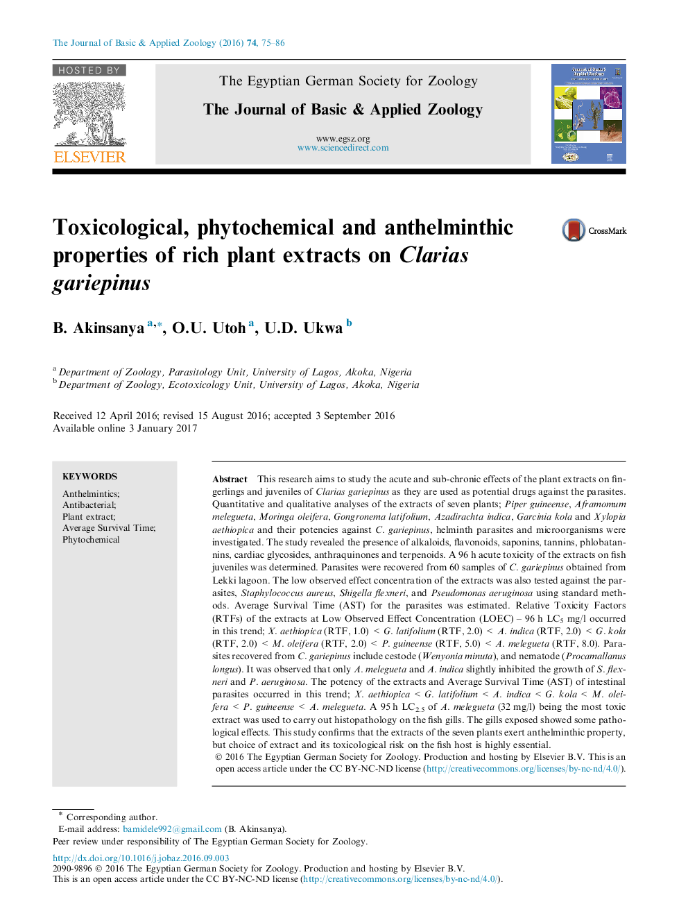 Toxicological, phytochemical and anthelminthic properties of rich plant extracts on Clarias gariepinus