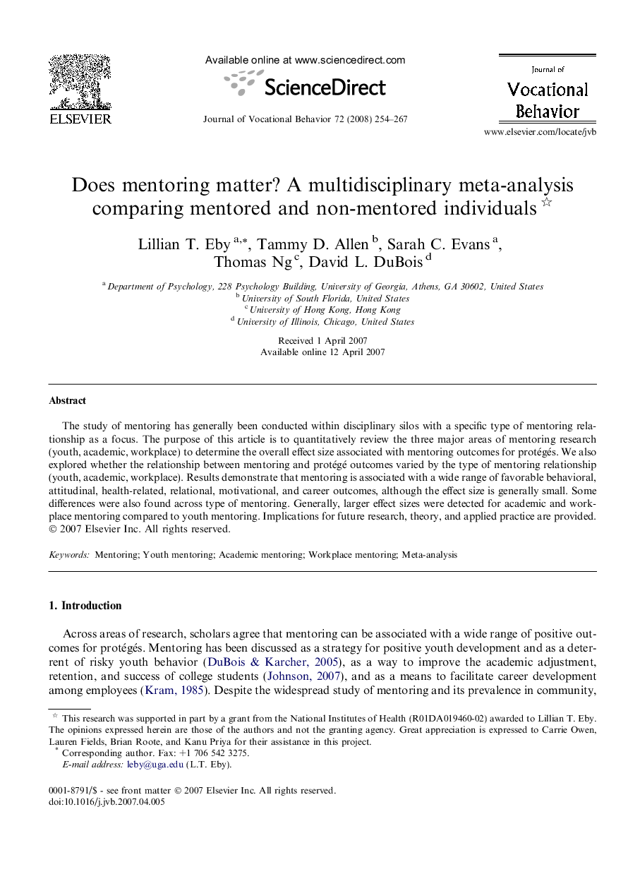 Does mentoring matter? A multidisciplinary meta-analysis comparing mentored and non-mentored individuals 