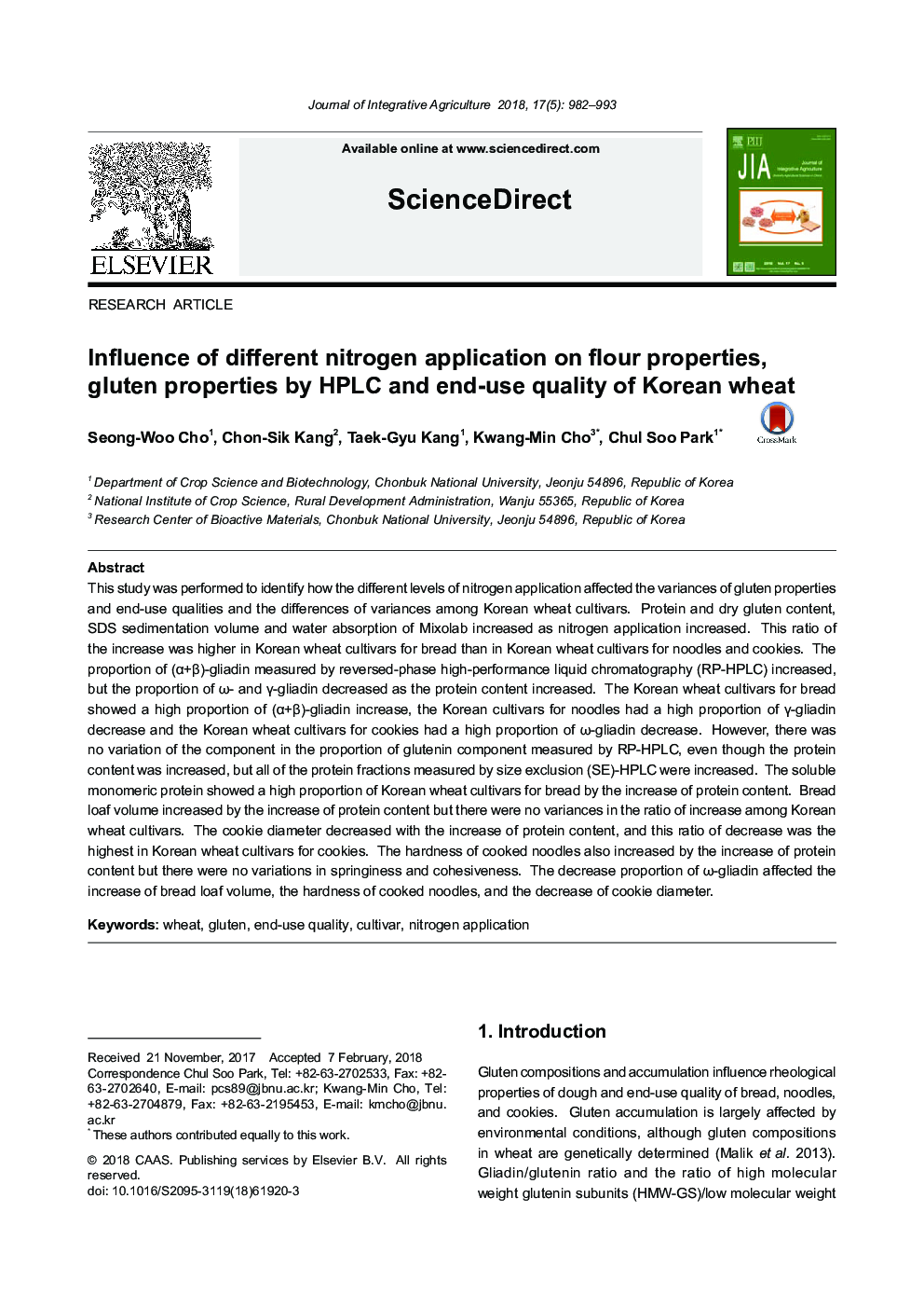 Influence of different nitrogen application on flour properties, gluten properties by HPLC and end-use quality of Korean wheat