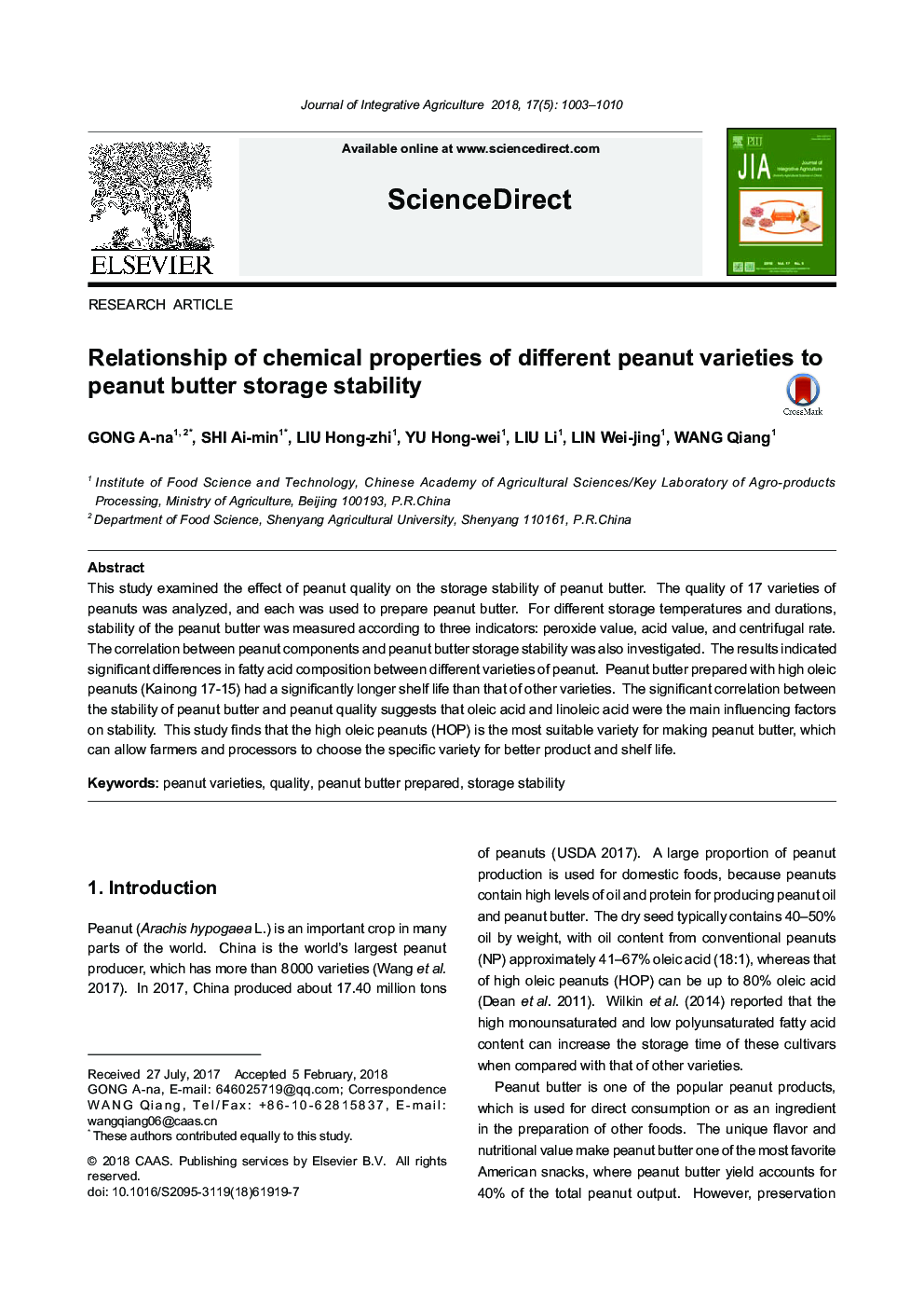 Relationship of chemical properties of different peanut varieties to peanut butter storage stability