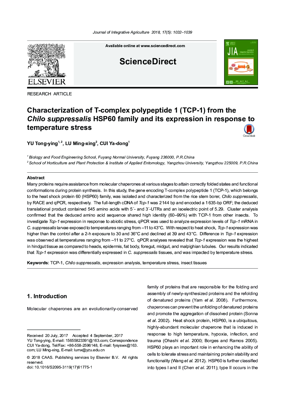 Characterization of T-complex polypeptide 1 (TCP-1) from the Chilo suppressalis HSP60 family and its expression in response to temperature stress