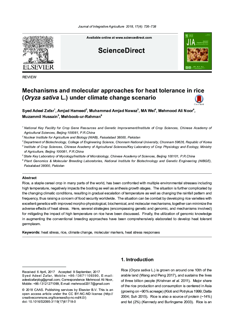 Mechanisms and molecular approaches for heat tolerance in rice (Oryza sativa L.) under climate change scenario