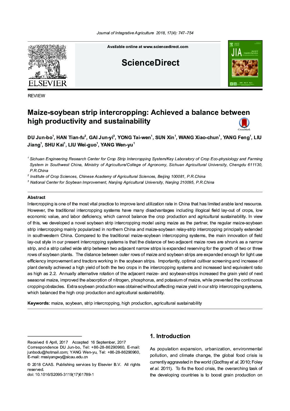 Maize-soybean strip intercropping: Achieved a balance between high productivity and sustainability