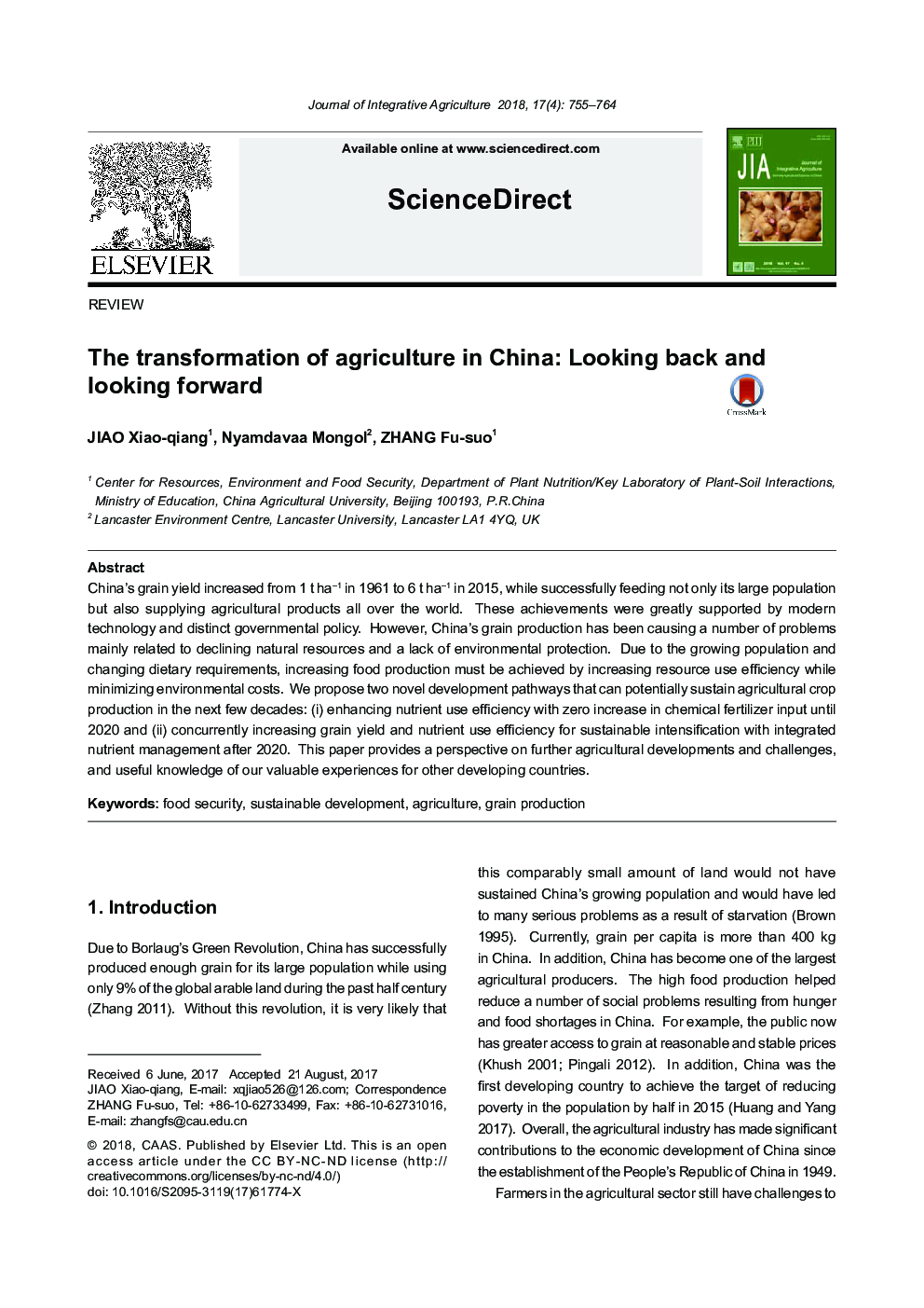 The transformation of agriculture in China: Looking back and looking forward