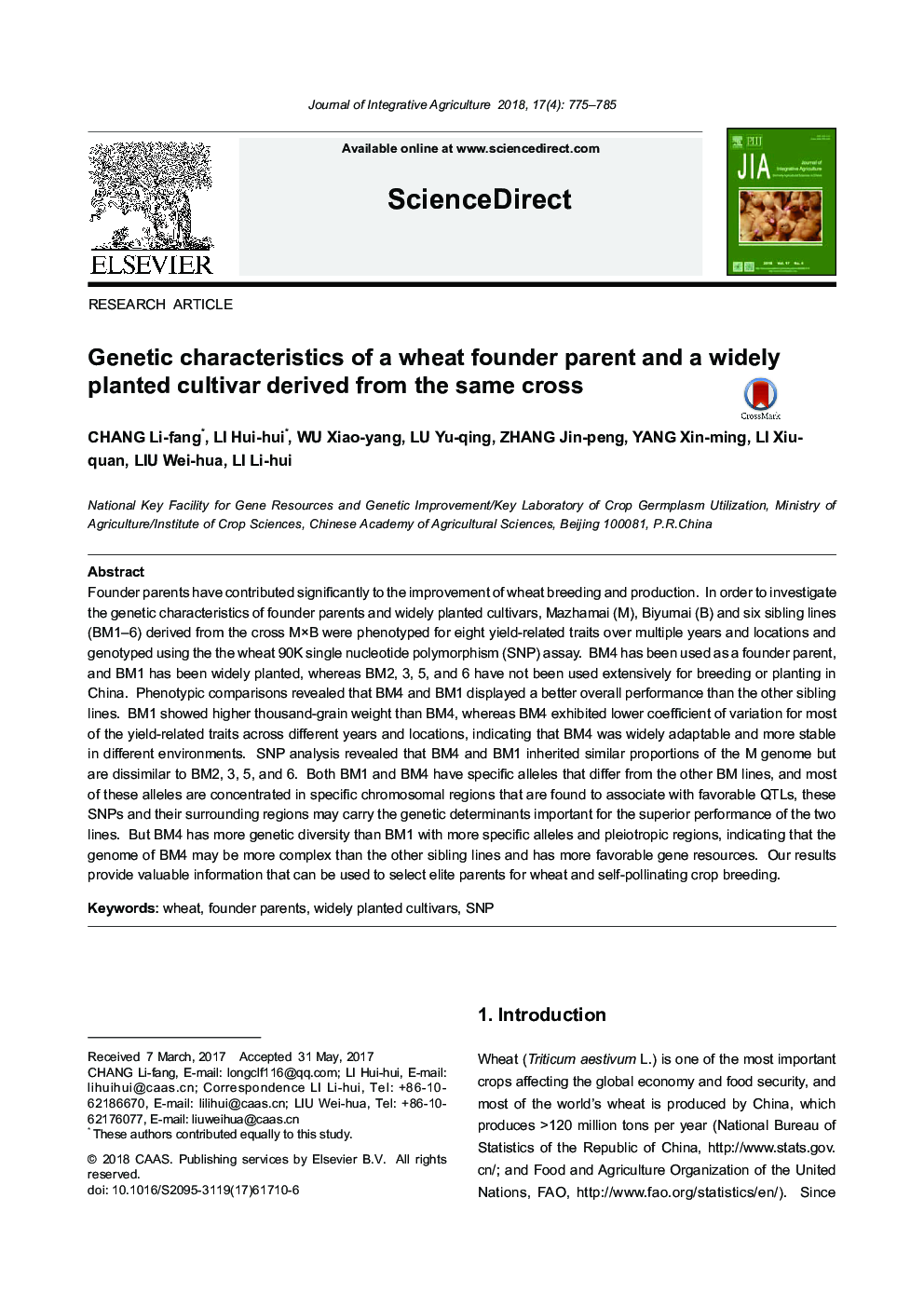 Genetic characteristics of a wheat founder parent and a widely planted cultivar derived from the same cross