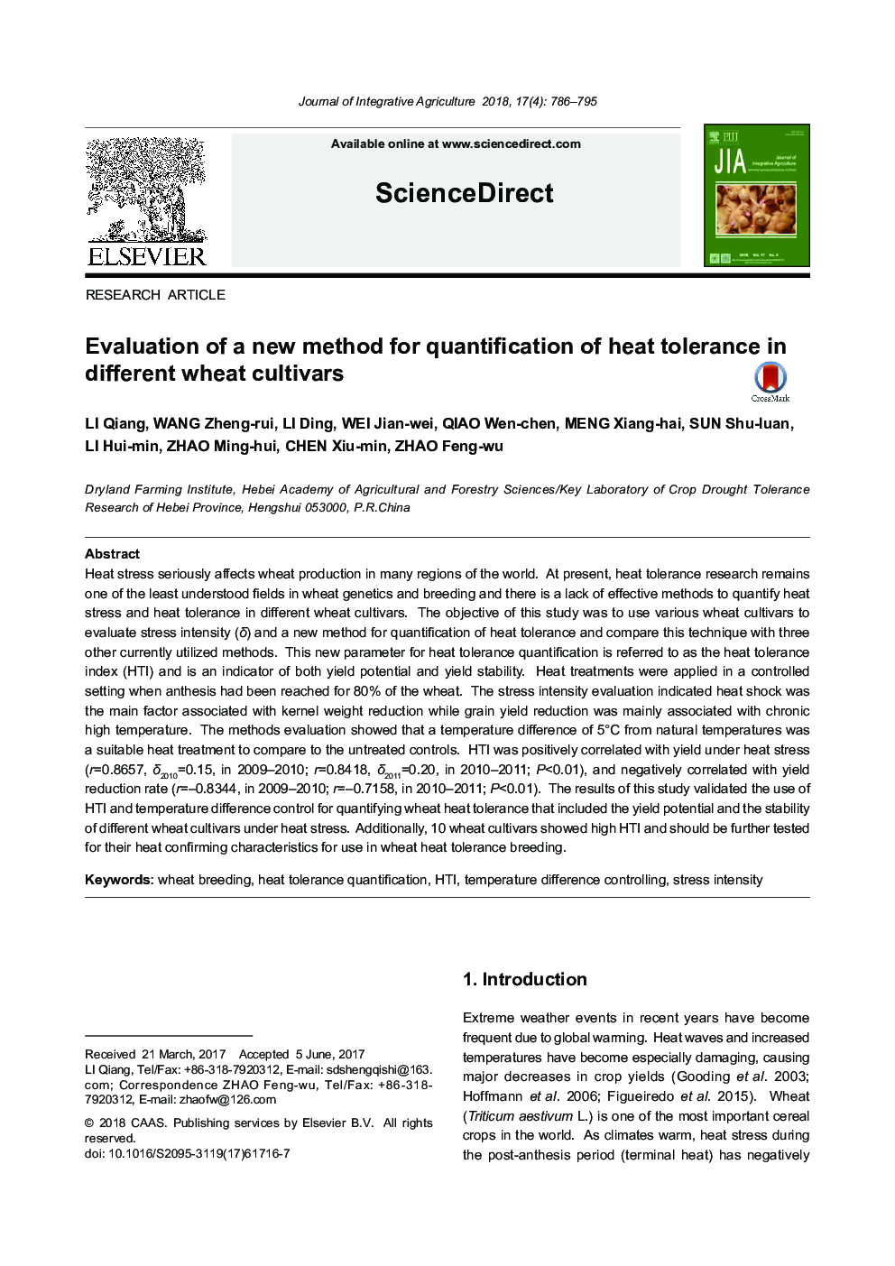 Evaluation of a new method for quantification of heat tolerance in different wheat cultivars