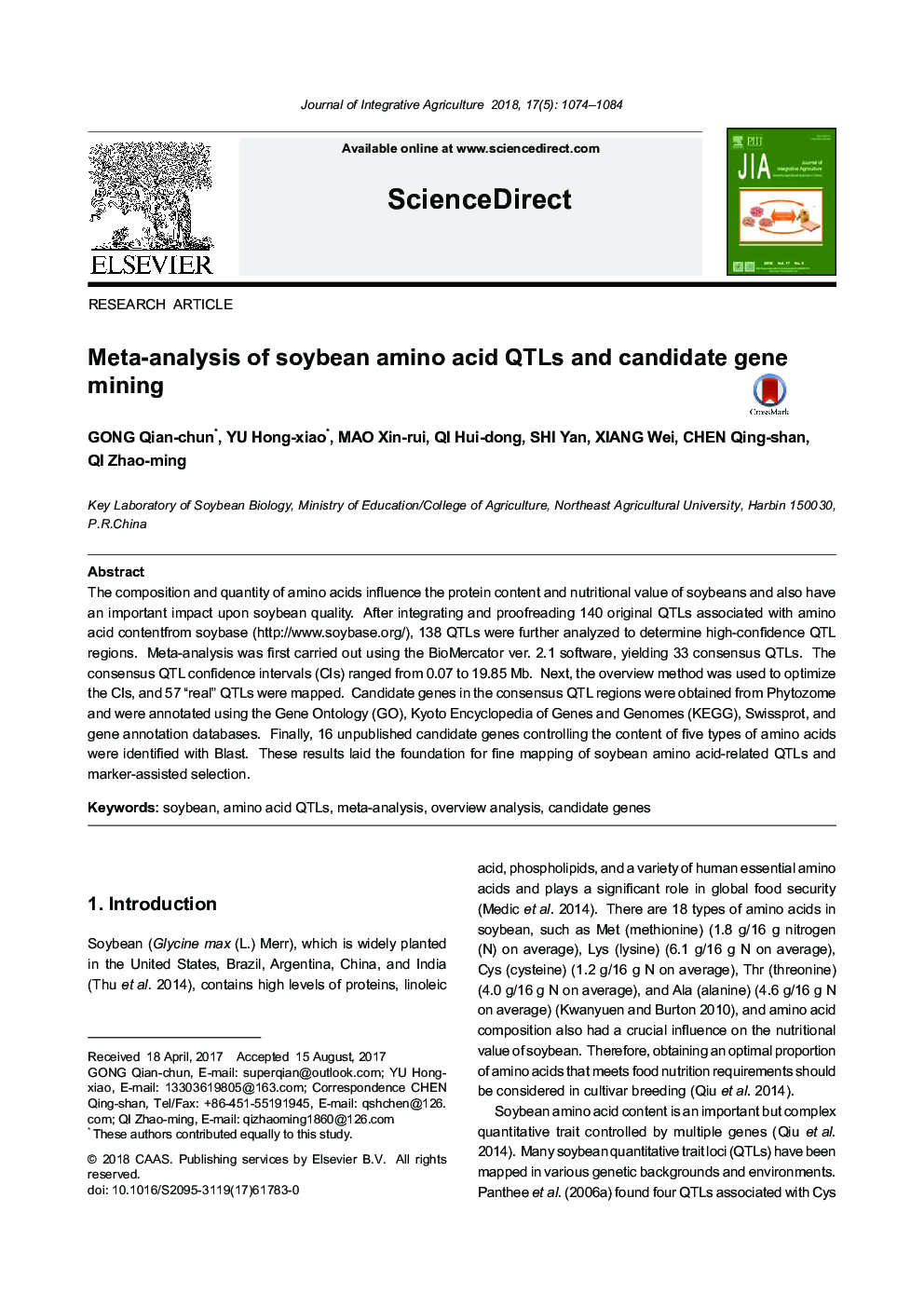 Meta-analysis of soybean amino acid QTLs and candidate gene mining
