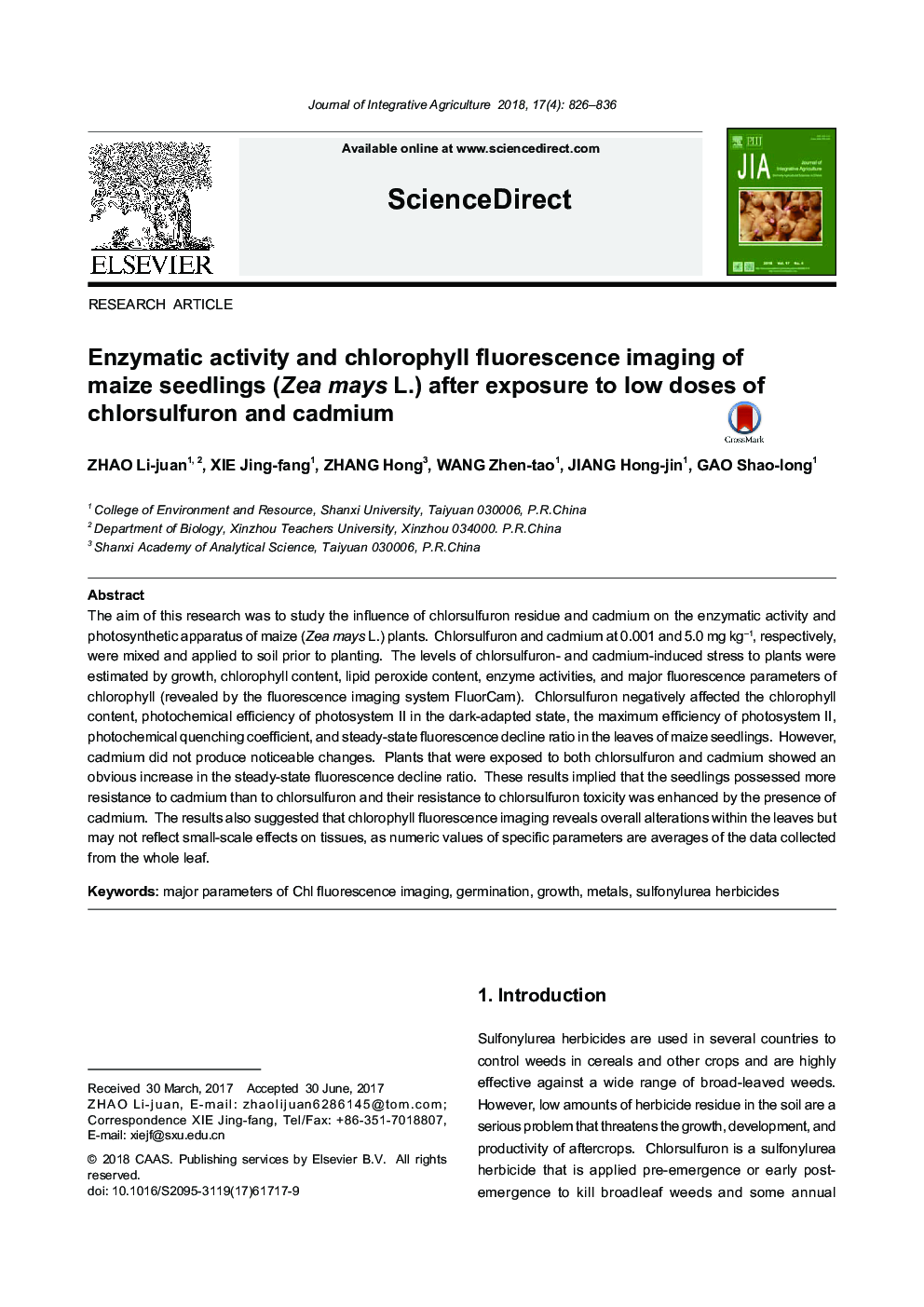 Enzymatic activity and chlorophyll fluorescence imaging of maize seedlings (Zea mays L.) after exposure to low doses of chlorsulfuron and cadmium