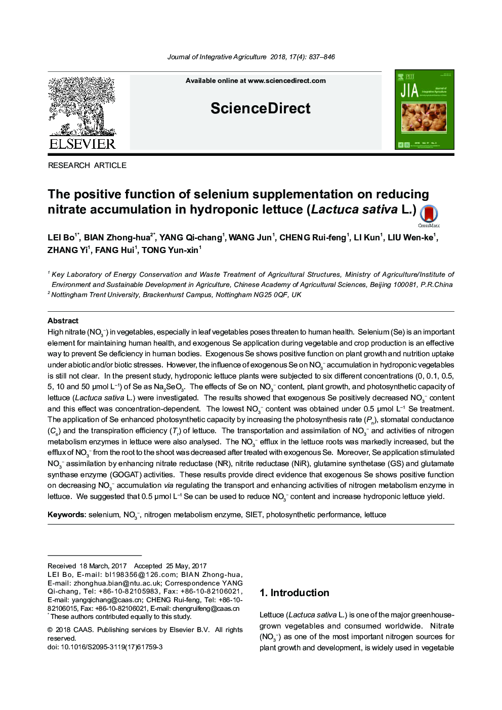 The positive function of selenium supplementation on reducing nitrate accumulation in hydroponic lettuce (Lactuca sativa L.)