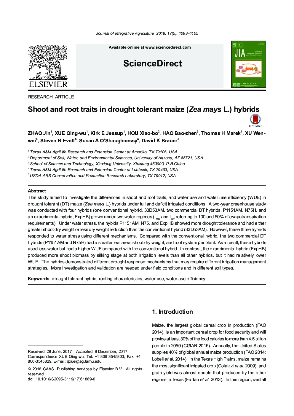 Shoot and root traits in drought tolerant maize (Zea mays L.) hybrids