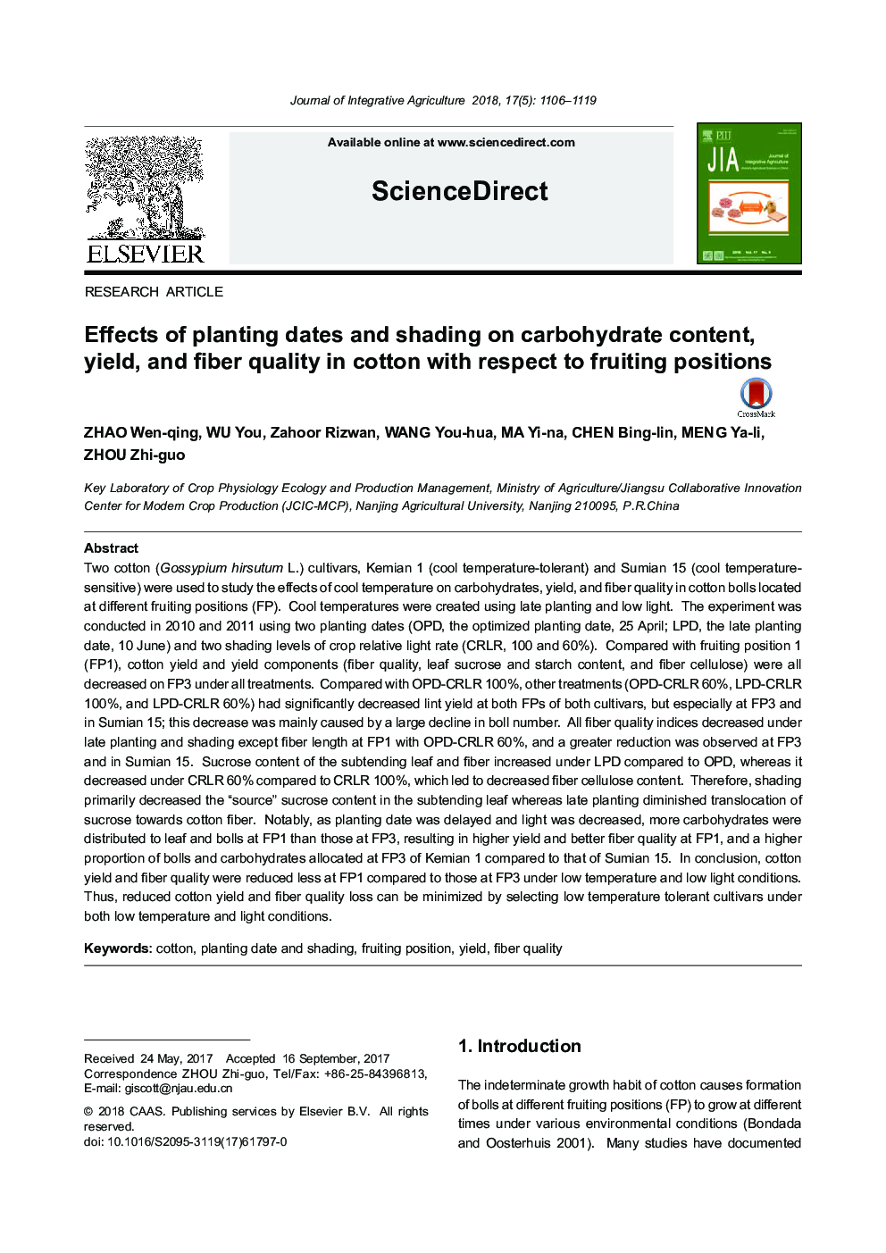 Effects of planting dates and shading on carbohydrate content, yield, and fiber quality in cotton with respect to fruiting positions