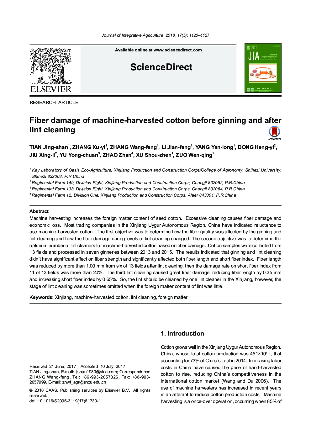 Fiber damage of machine-harvested cotton before ginning and after lint cleaning