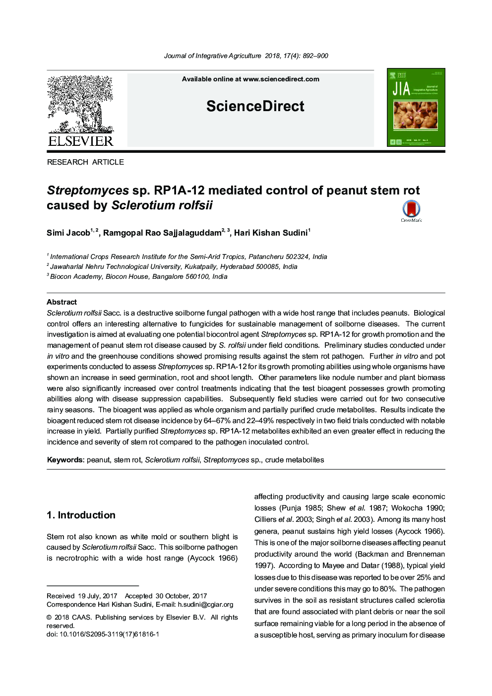 Streptomyces sp. RP1A-12 mediated control of peanut stem rot caused by Sclerotium rolfsii