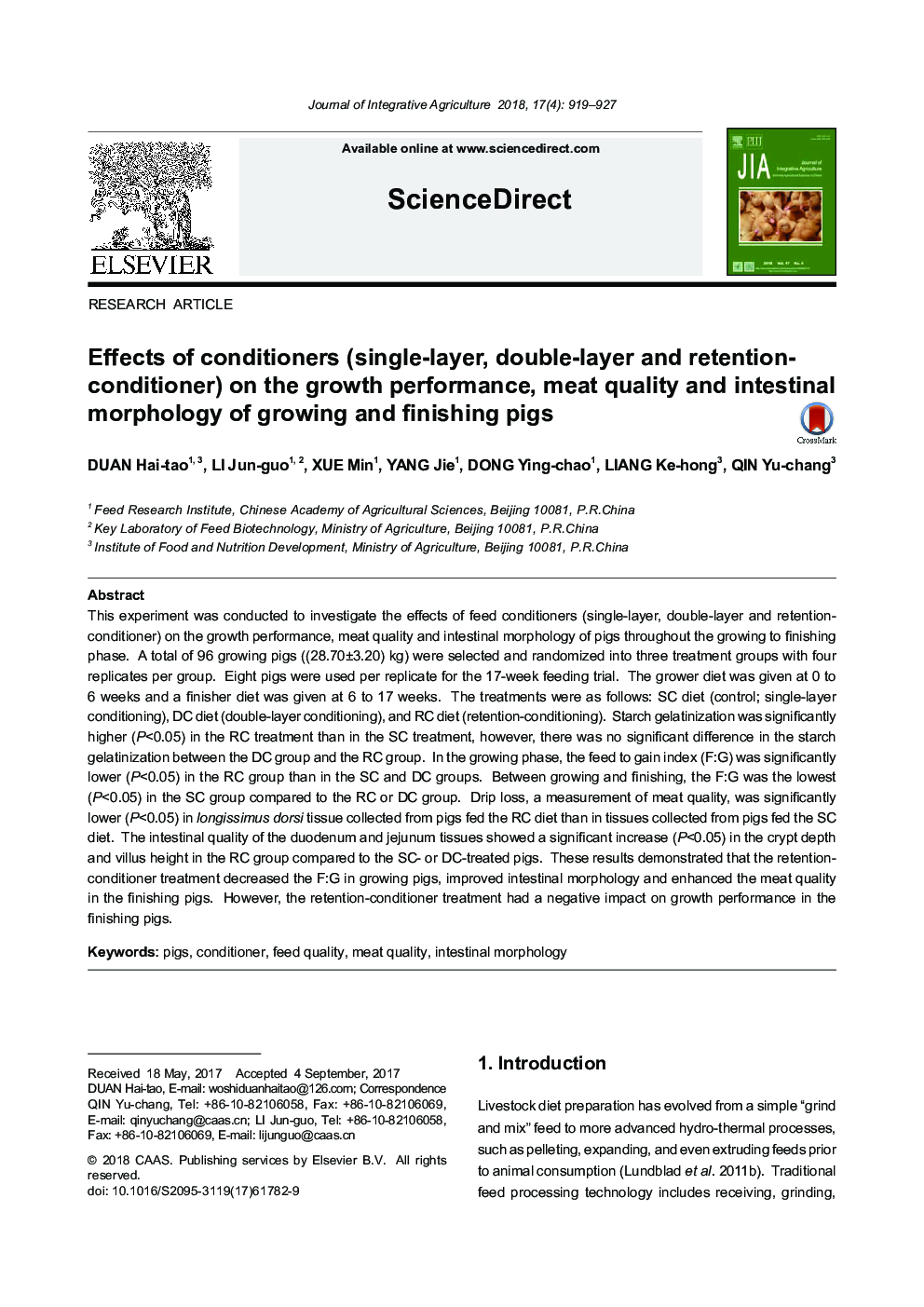 Effects of conditioners (single-layer, double-layer and retention-conditioner) on the growth performance, meat quality and intestinal morphology of growing and finishing pigs
