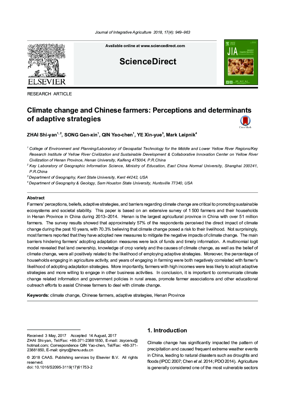Climate change and Chinese farmers: Perceptions and determinants of adaptive strategies
