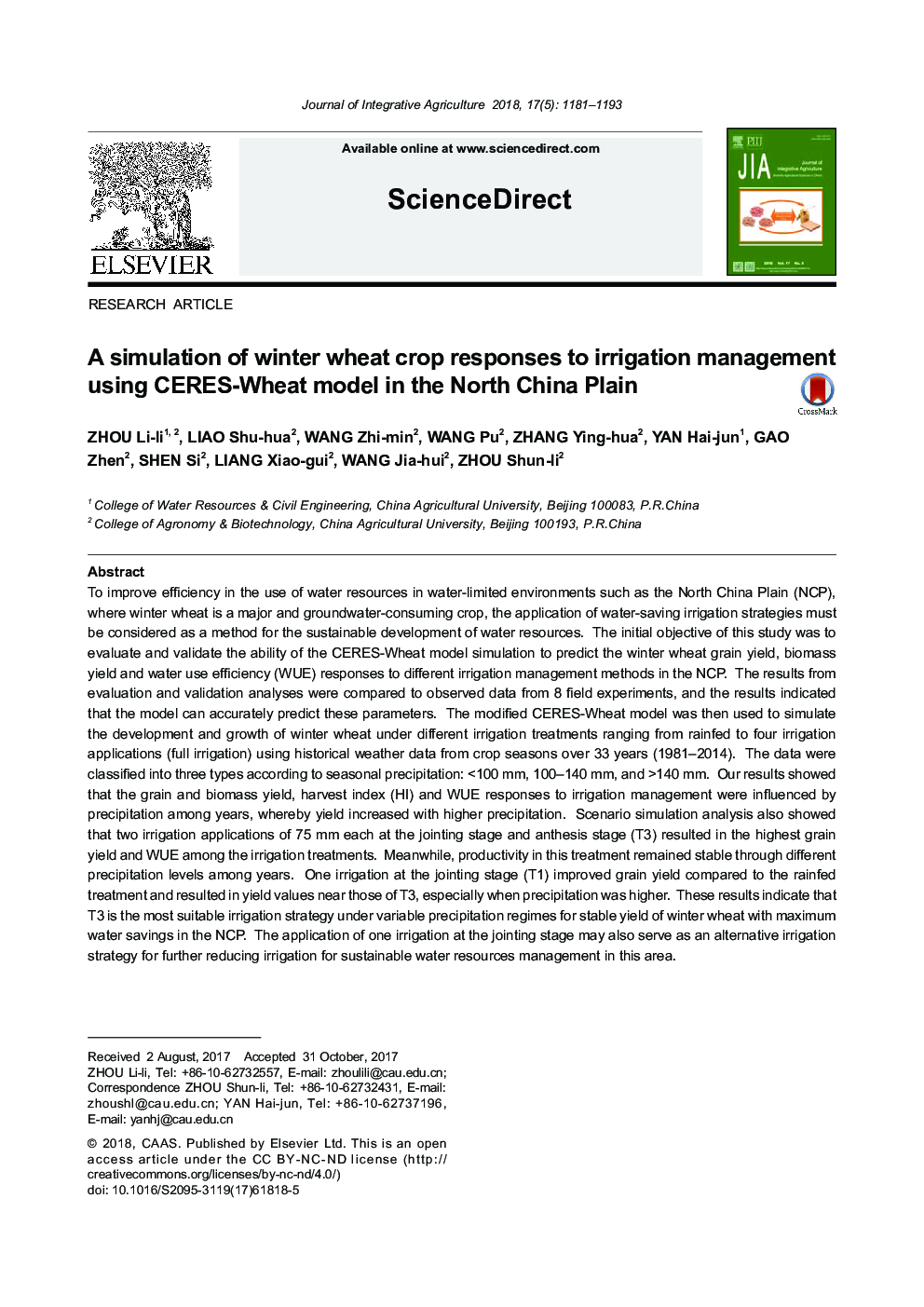 A simulation of winter wheat crop responses to irrigation management using CERES-Wheat model in the North China Plain