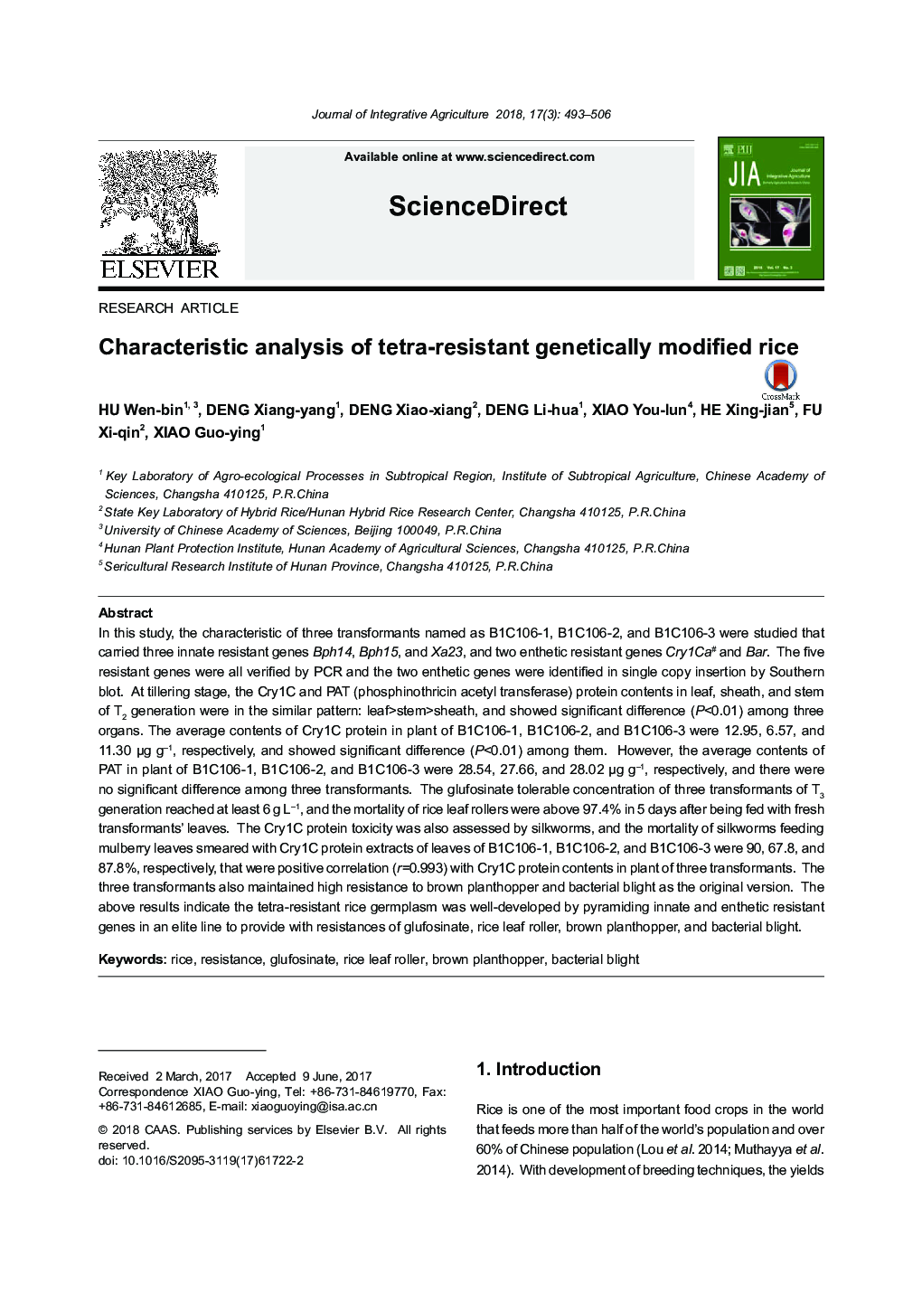 Characteristic analysis of tetra-resistant genetically modified rice