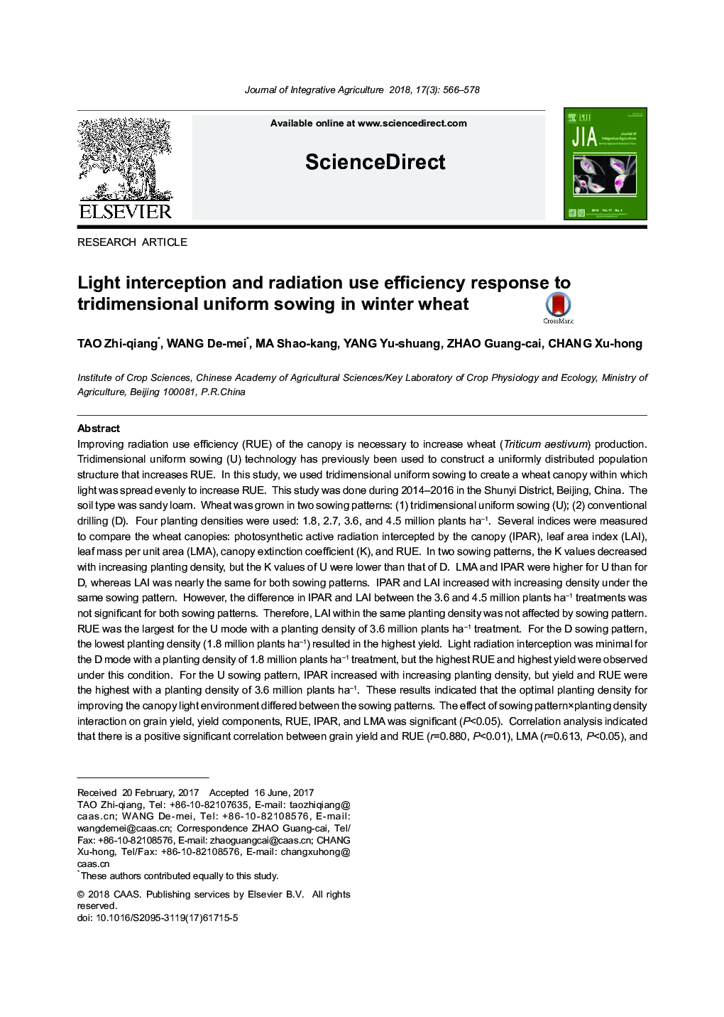 Light interception and radiation use efficiency response to tridimensional uniform sowing in winter wheat