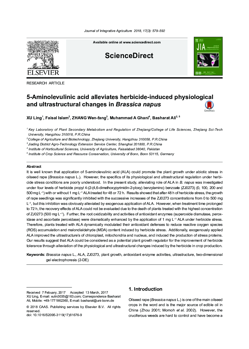 5-Aminolevulinic acid alleviates herbicide-induced physiological and ultrastructural changes in Brassica napus